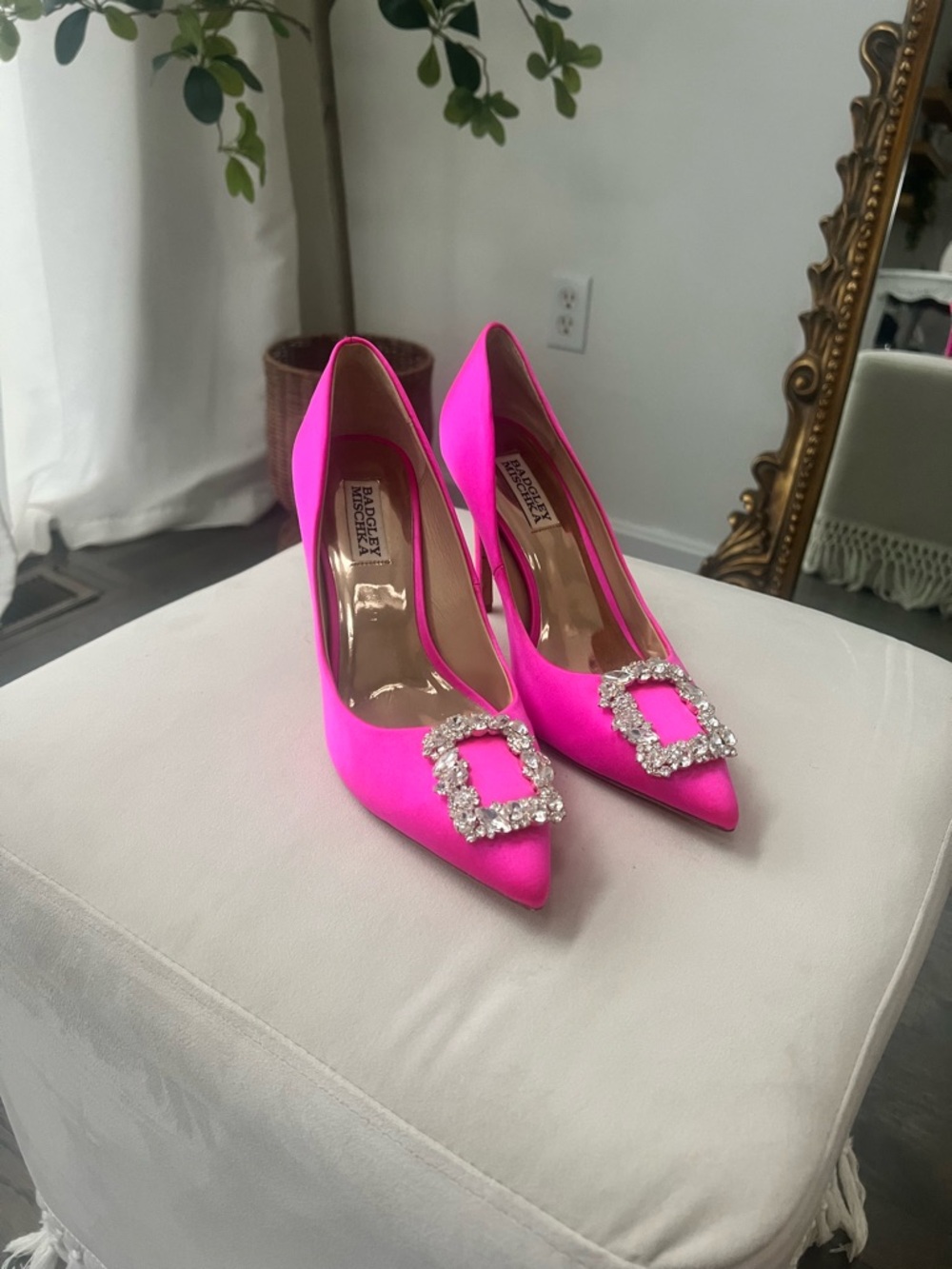 Badgley Mischka Neon Pink Satin Crystal-Buckle Pointed Pumps